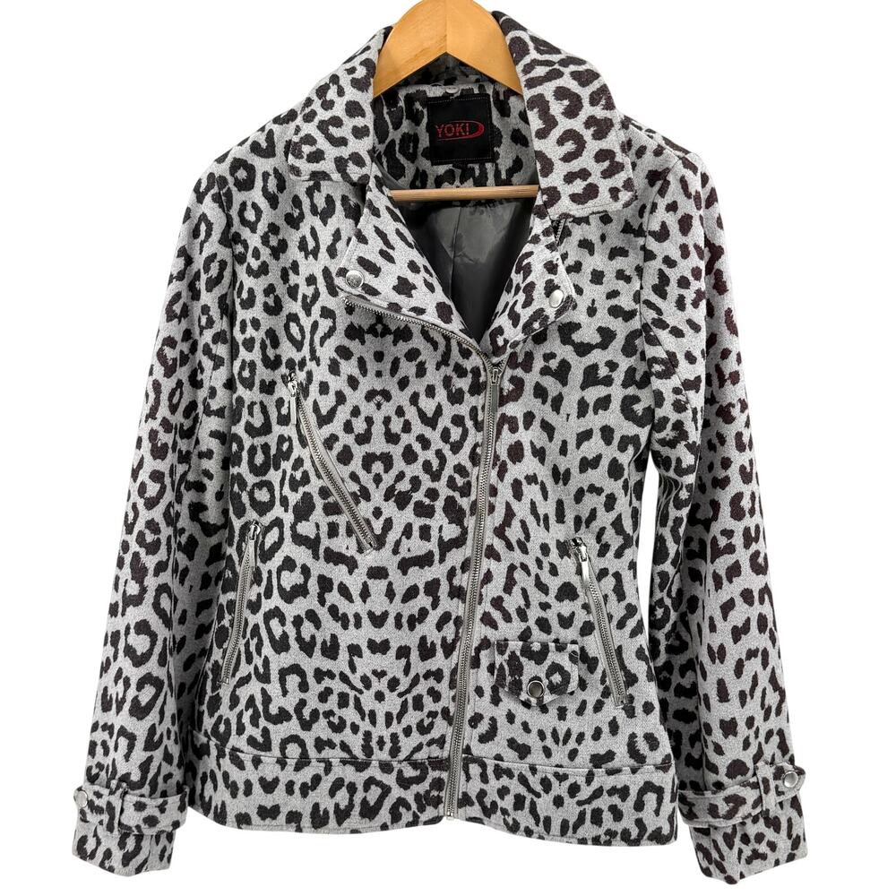Yoki Gray Leopard Print Flannel Moto Jacket